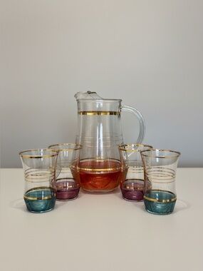 Retro Gold Striped Flash Painted Glass Pitcher & Tumbler Set - 5pc